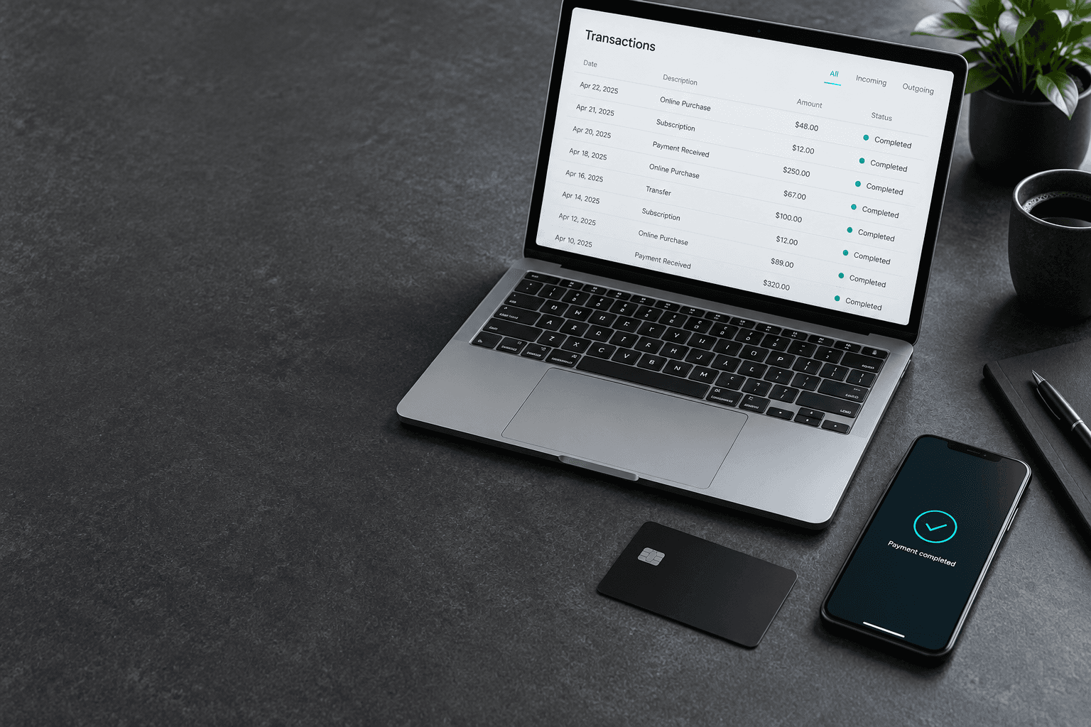 Payment infrastructure on a computer and phone, conceptual illustration